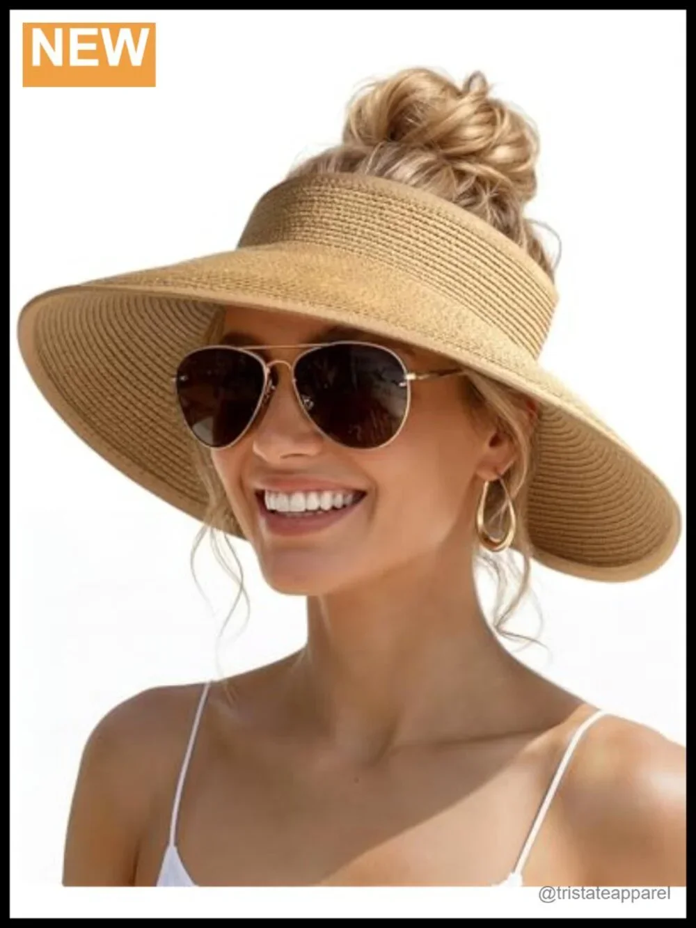 Wide Brim Straw Sun Visor Hat UPF 50+ Packable Ponytail Beach Accessory